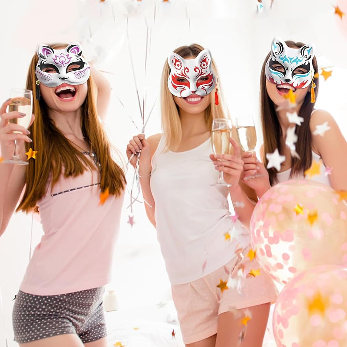 PATPAT 5pcs Cat Mask, Blank DIY Halloween White Graffiti Cat Masks Graffiti Masquerade Mask Halloween DIY Face Mask with Acrylic Paints, Brush Pens, Tassle Charms & Sakura Bell Charms