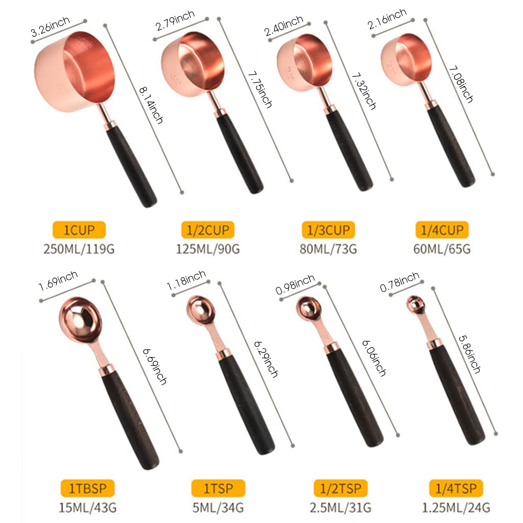 HASTHIP 8pcs Measuring Cup and Spoons Set, Stainless Steel Measuring Cup with Wood Handle for Kitchen/Food/Liquid/Baking