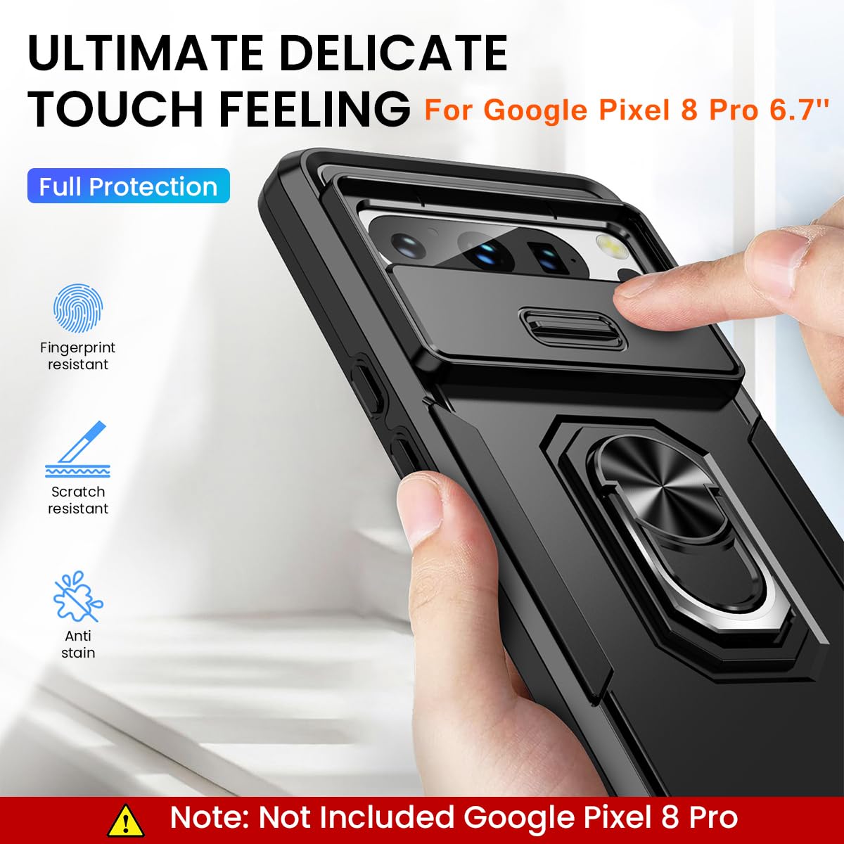 ZORBES Phone Case for Google Pixel 8 Pro 6.7'' Full Protection Phone Cover with Rotatable Kickstand Phone Grip & Sliding Camera Cover Anti-Scratch Phone Protective Case for Google Pixel 8 Pro Black