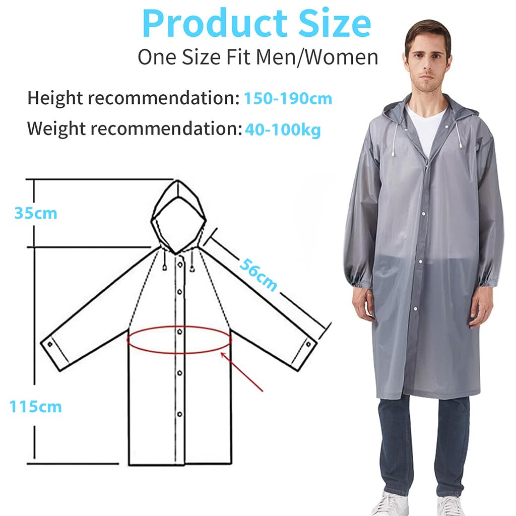 Optifit 2 Pcs Reusable EVA Raincoats with Hood Unisex Rain Ponchos Hooded Raincoat for Camping, Hiking, Music Festival & Outdoor Activities (Grey)