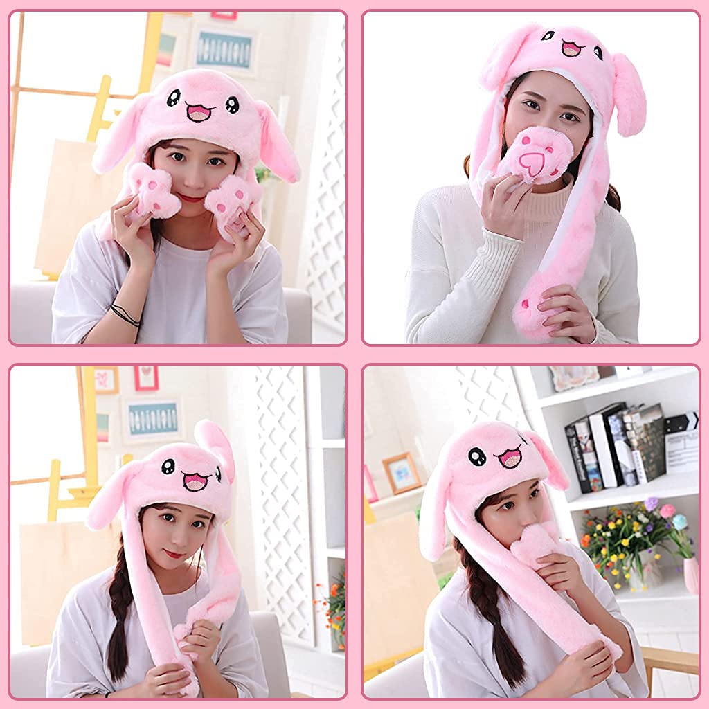 PATPAT Plush Animal Bunny Dancing Ears Hat, Rabbit Moving Ear Flaps and Press Paws for Girls Women Kids (Pink)