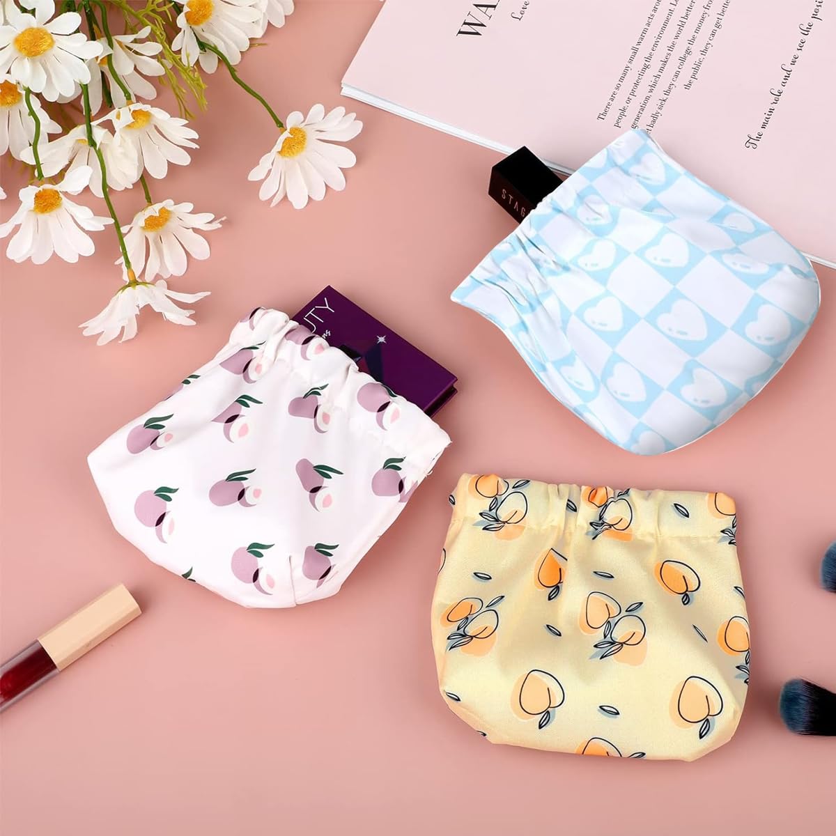 MAYCREATE 3pcs Small Pouches for Women, Travel Mini Makeup Pouch Set, Stylish Prints Lipstick Coin Pouch for Girls, Squeeze Open Jewelry Storage Bag Hair Accessories Organizer