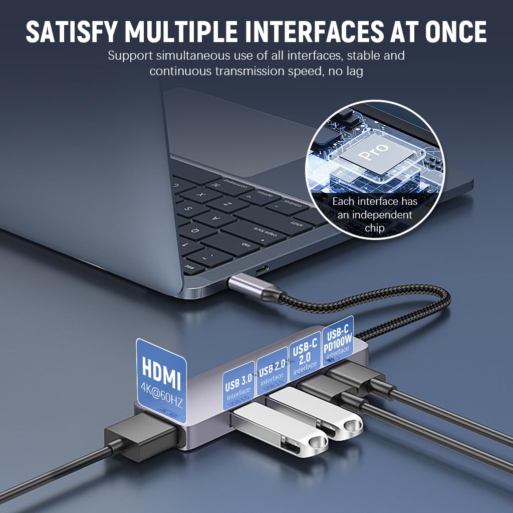 Verilux 5 in 1 USB C HUB USB-C to HDMI, Dual USB Ports Design, Support 4K@60Hz Video Output & PD 100W Power Delivery, Plug and Go USB C Hub for Phone, Tablet, SSD Enclosure, Laptop, Monitor