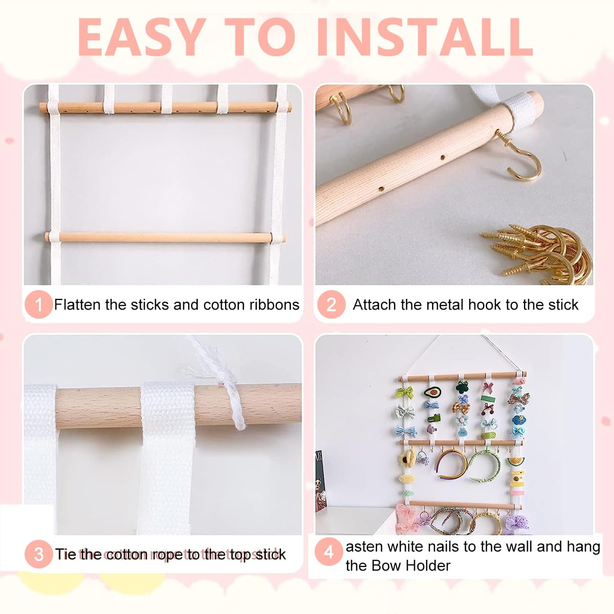 HASTHIP Metal Wall Hanging Headband Holder, Hair Clips Baby Headbands Organizer, 4 Layers Headwear Storage Hair Accessories Displaying Rack Decor For Women Nursery Toddler Girls Room, Hanging Shelves