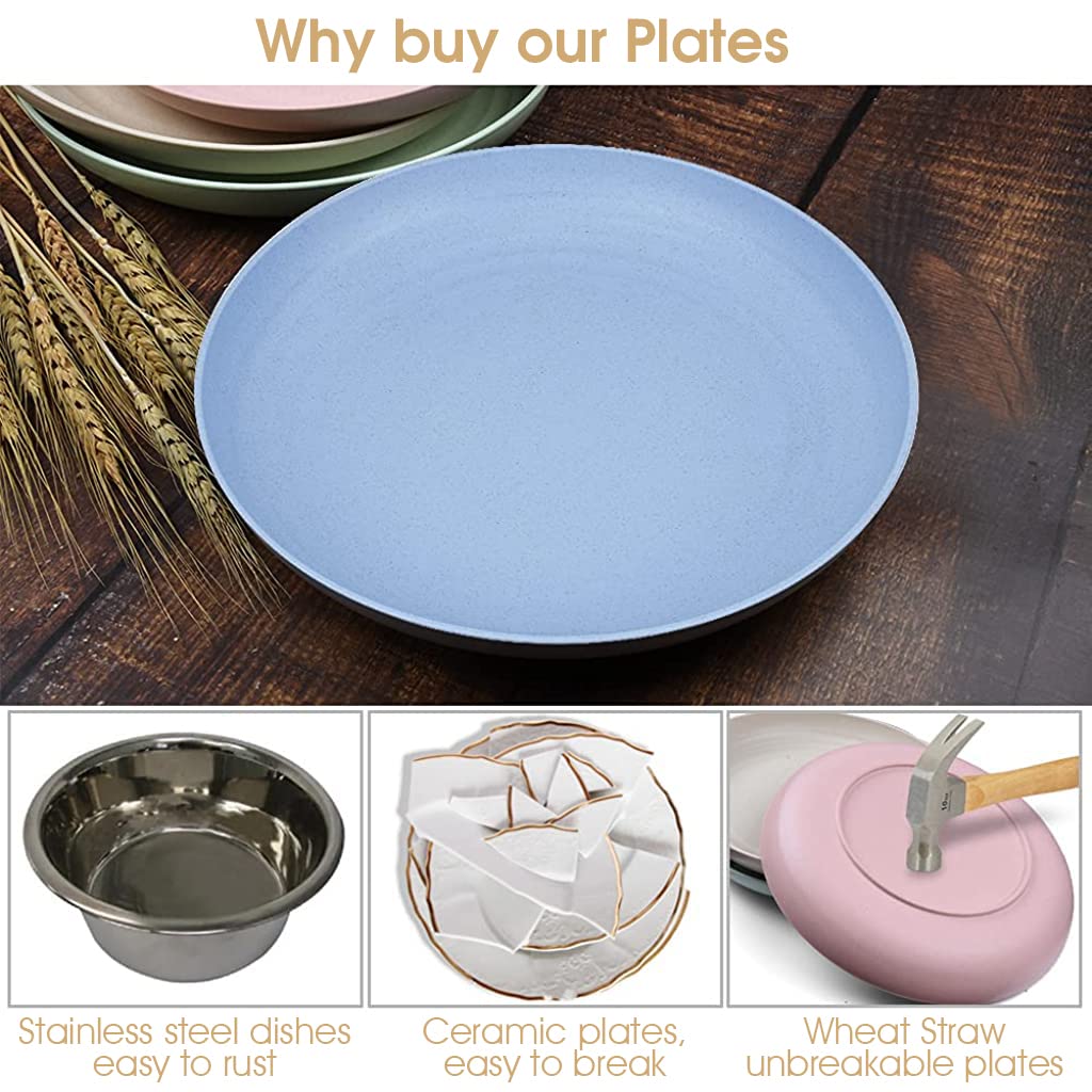 HASTHIP 4Pcs Dinner Plates, 8.8'' Large Degradable Wheat Straw Plates, Unbreakable Microwave Dishwasher Safe Dinner Plates for Party, Picnic, Home, Office, Kids-Toddler & Adult, BPA Free