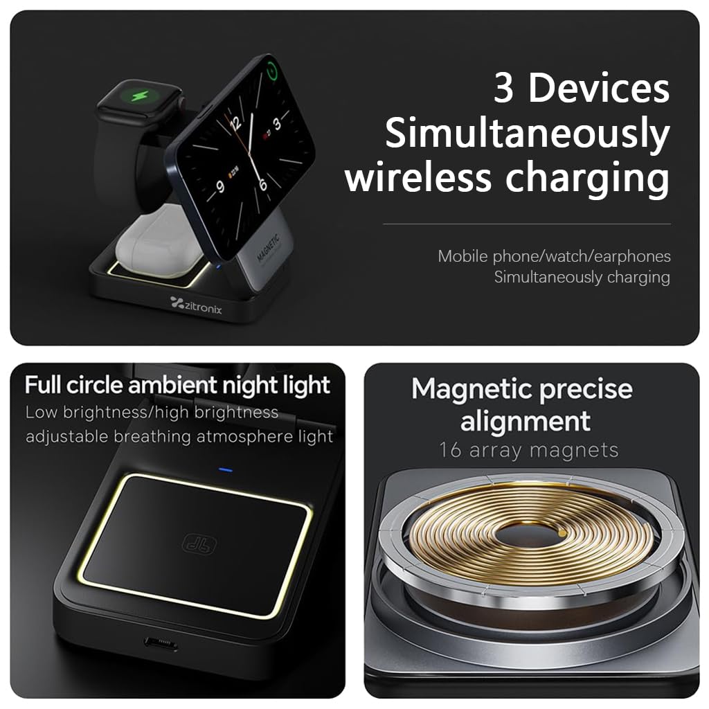 zitronix 3 in 1 Wireless Charging Station Travel Folding Wireless Charger Stand Station for iPhone, iWatch & AirPods Magnetic Mag-Safe Charger Stand 15W Magnetic Wireless Fast Charger