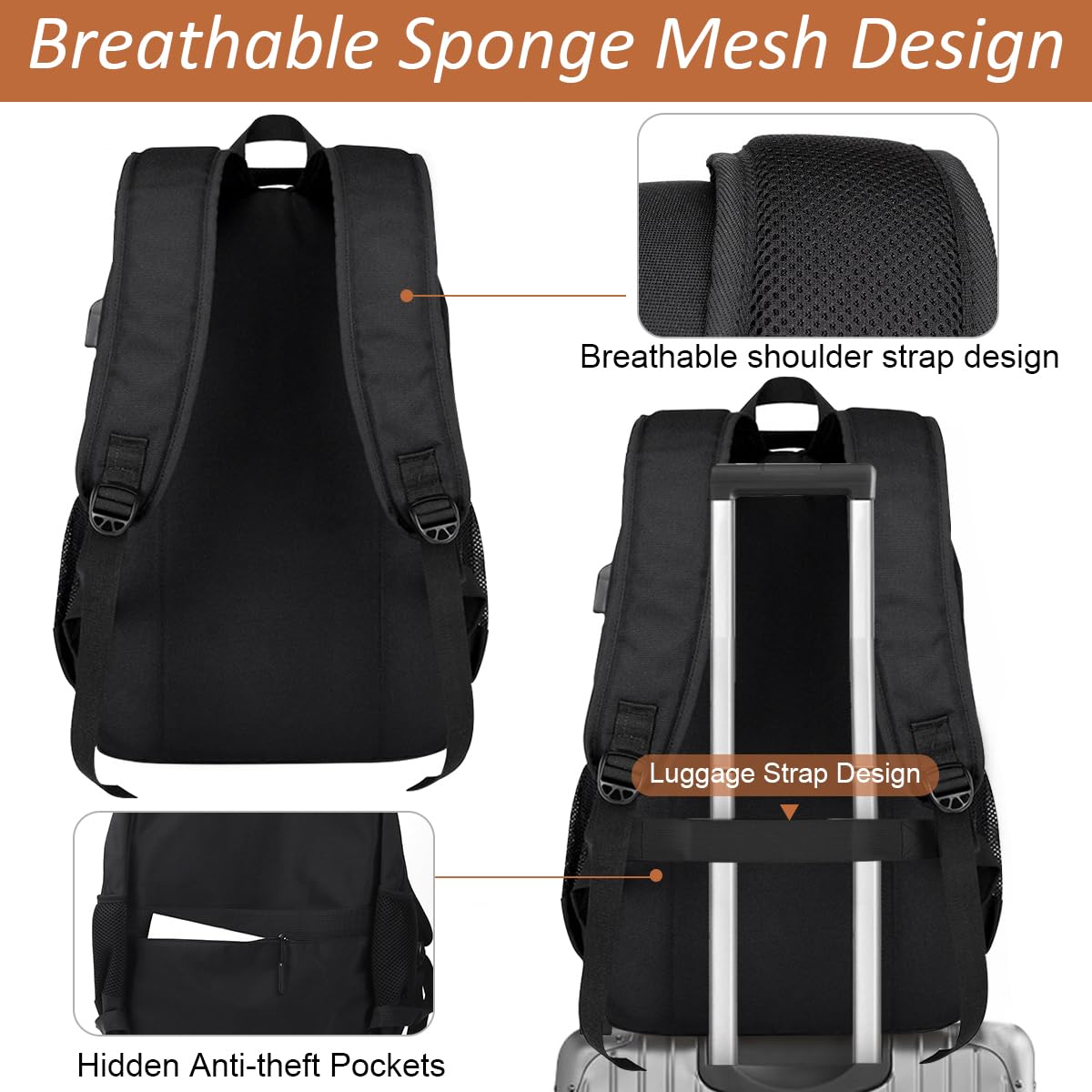 GUSTAVE Large Backpack Multi Compartment Travel Backpack Black Waterproof Oxford Cloth Business Backpack Padded Shoulder Strap Design Laptop Backpack Casual Backpack for School, Travel, 34x17.5x50cm