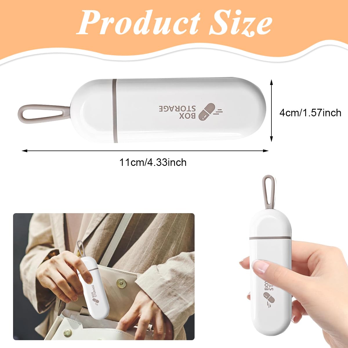 HANNEA Travel Pill Organizer, 3 Compartments Portable Pill Box with Carrying Rope, Daily Pill Box to Hold Vitamins, Small Pill Container for Pocket Purse Medicine Organizer, White