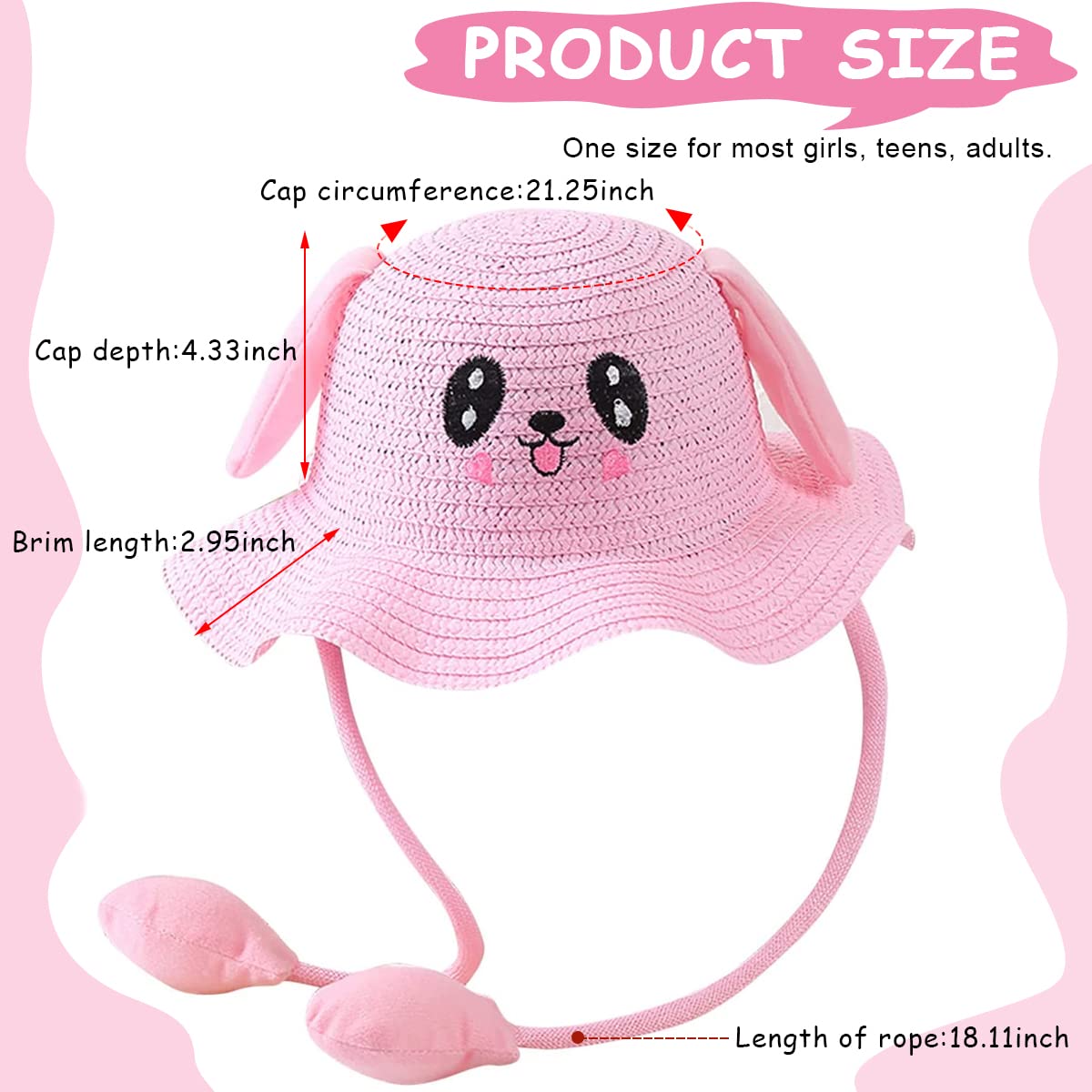 PATPAT Bunny Caps with Moving Ears, Straw Sun Hats for Women, Rabbit Moving Ear Flaps and Press Paws, Breathable Wide Brim Summer Beach Hat for Travel & Outdoor Activities, Bucket Hat for Girls Adult