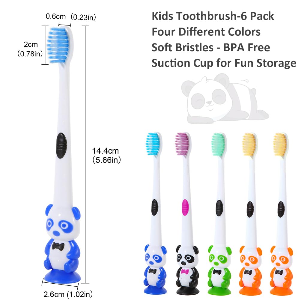 HANNEA 6pcs Kids Toothbrush Soft Bristle Toothbrush for Kids Suction Cup Design Kids Toothbrush Cartoon Panda Handle Toothbrush for Kids 2-6 Years Old Boys and Girls