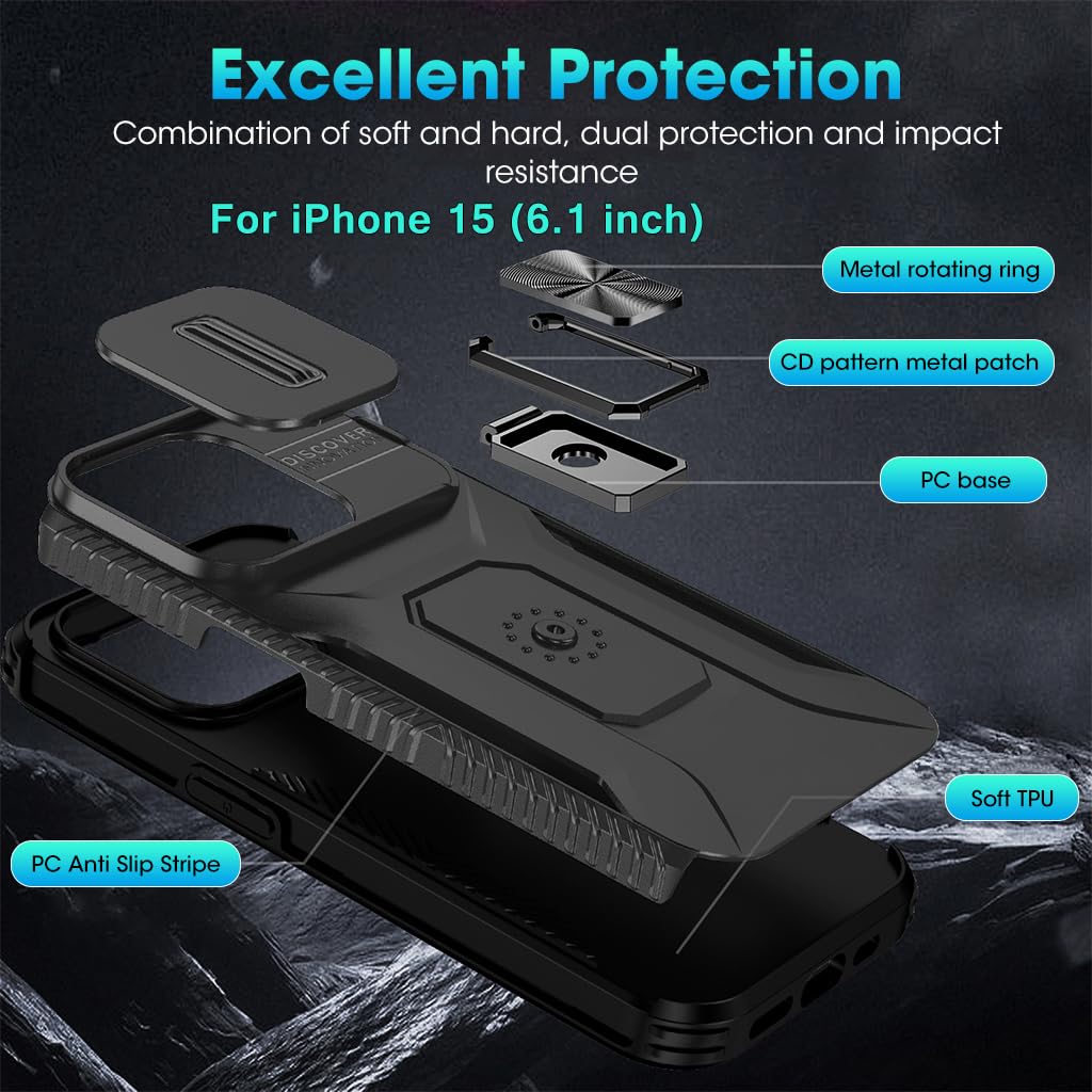 ZORBES Phone Case for iPhone 15 Multifunctional Phone Cover with Folding Phone Ring Grip & Sliding Camera Cover, PC Anti-Scratch Phone Case for iPhone 15 6.1 inch Black