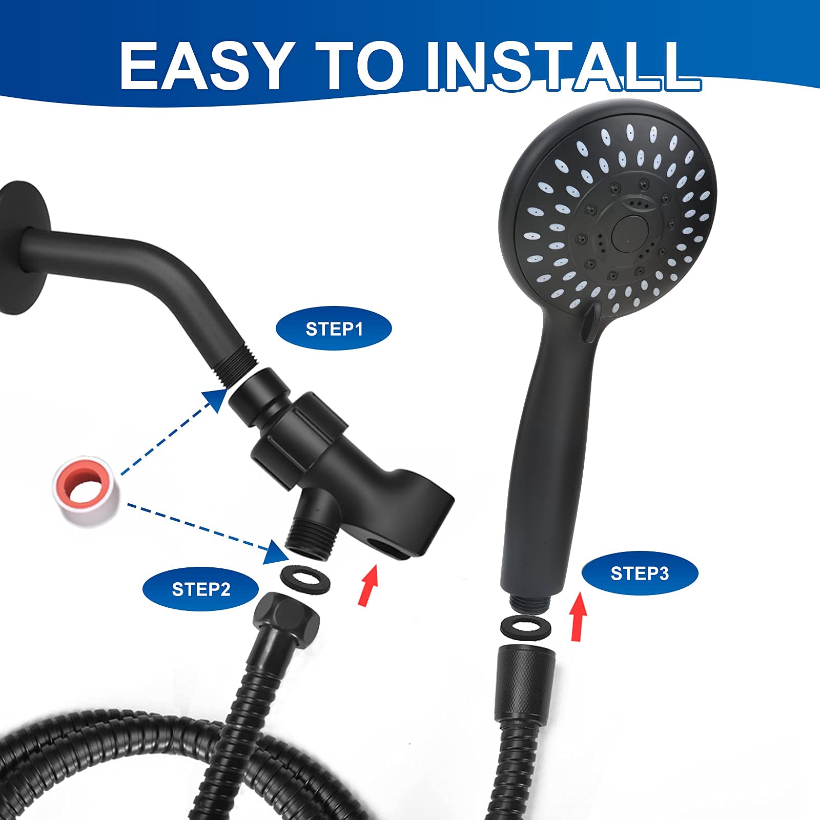 HASTHIP High-Pressure Handheld Shower, 5-Setting Powerful Shower Head with ON/Off Pause Switch & Silicone Water Outlet Holes, Standard Interface Universally Compatibility