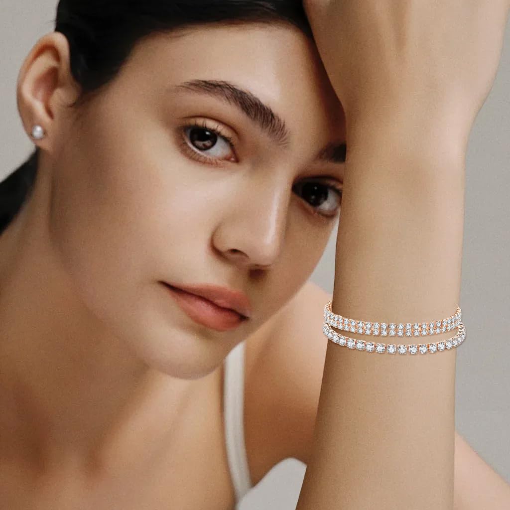 SANNIDHI 2Pcs Tennis Bracelets for Women Stylish, Rose Gold Cubic Zirconia CZ Dainty Bracelet for Women Brides, Stackable Fashion Jewelry Wedding Prom Birthday Christmas Gift