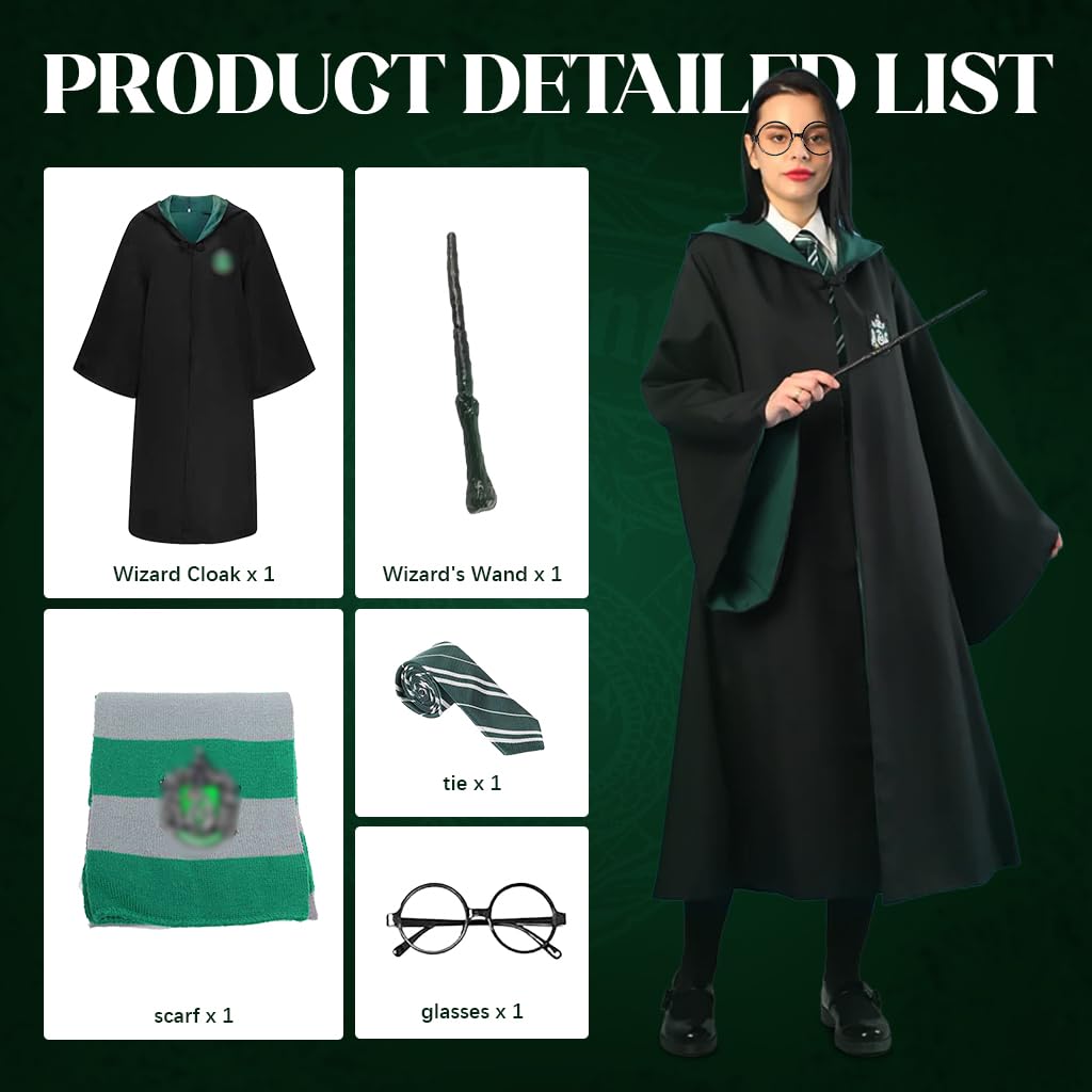 PATPAT Ha*ry Potter Costume Cloak Cosplay Har*y Potter Robe for Women Men, House of Slytherin Costume Set with Tie, Wand & Round Glasses, Magic Wizards Halloween Costume for Teens Adults (Size M)