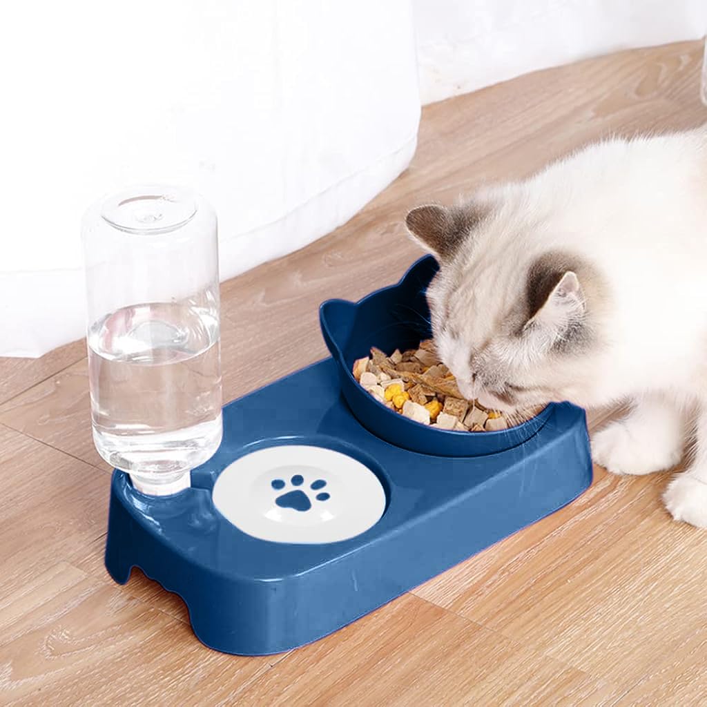 Qpets Cat Dog Feeding Bowl, 2 in 1 Pet Food Bowl with Water Bowl, High Footed Cat Bowl Cartoon Anti Overturning Automatic Refilling Feeding Bowl for Small and Medium Pets Cats Puppies
