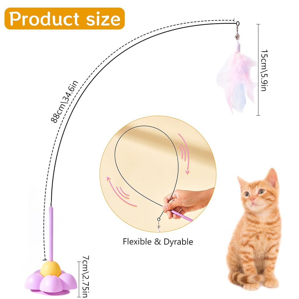 Qpets Cat Toy Cat Teaser Wand with Suction Cup Cute Flower Suction Base Floor Self-entertainment Cat Teaser Toy with Color Feather Charm Cat Toy Interactive Cat Toy Wand Kitten Toys for Indoor Cats