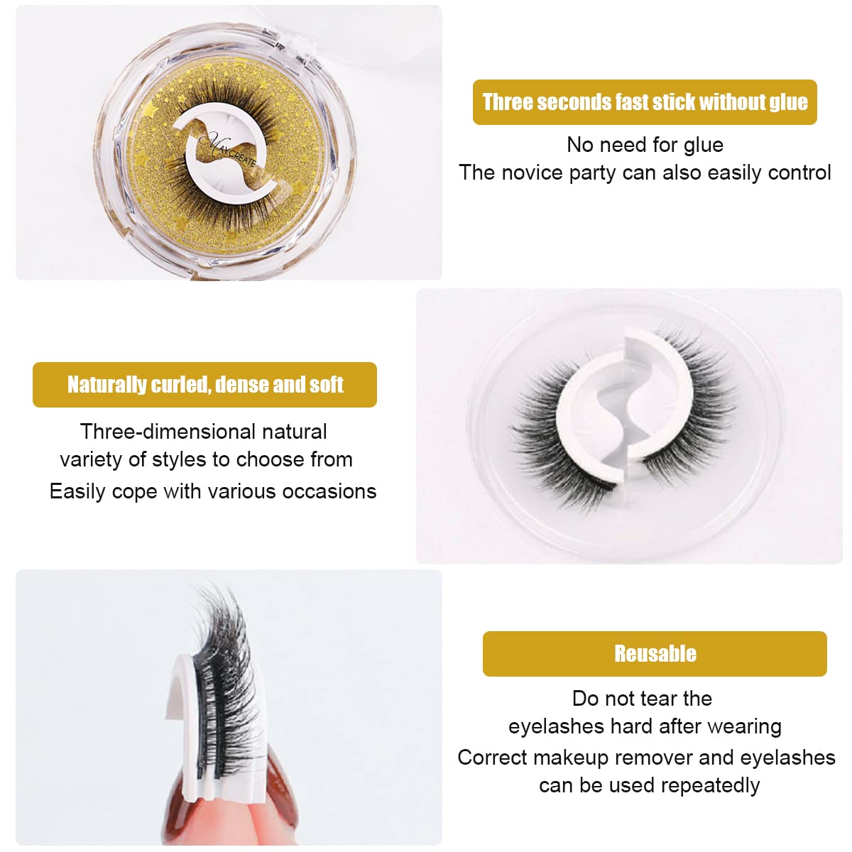 MAYCREATE 2 Pairs Reusable 3D False Eyelashes Long Natural Look Self-Adhesive Eyelashes Magnetic and Waterproof Fake Eyelashes For Girls Women (09 Natural) Black