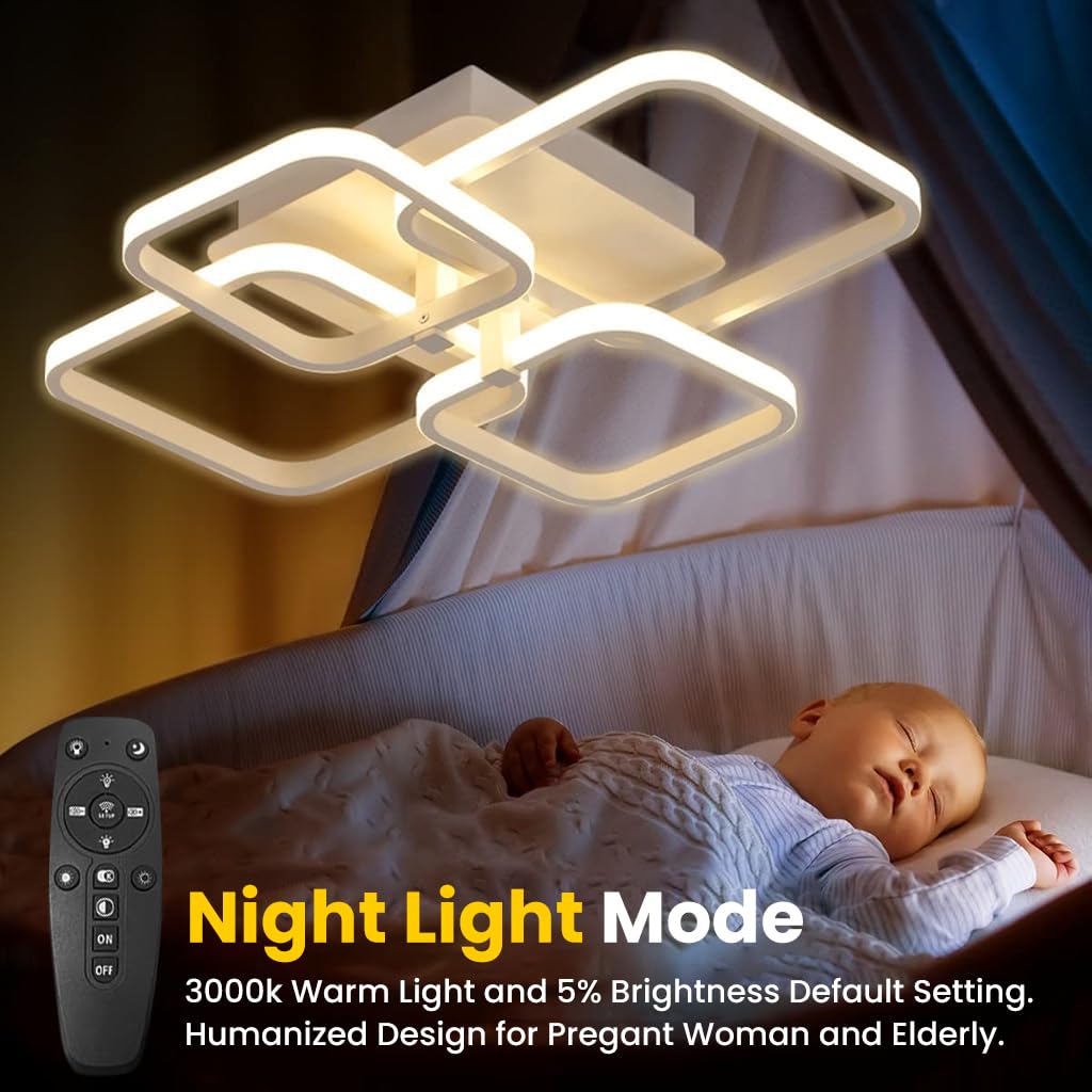 ELEPHANTBOAT® LED Ceiling Light with Remote Control 3-Color LED Ceiling Light for Living Room White Acrylic Modern LED Ceiling Light Flush Mount LED Ceiling Light for Living Room, Bedroom, 58x45x12cm
