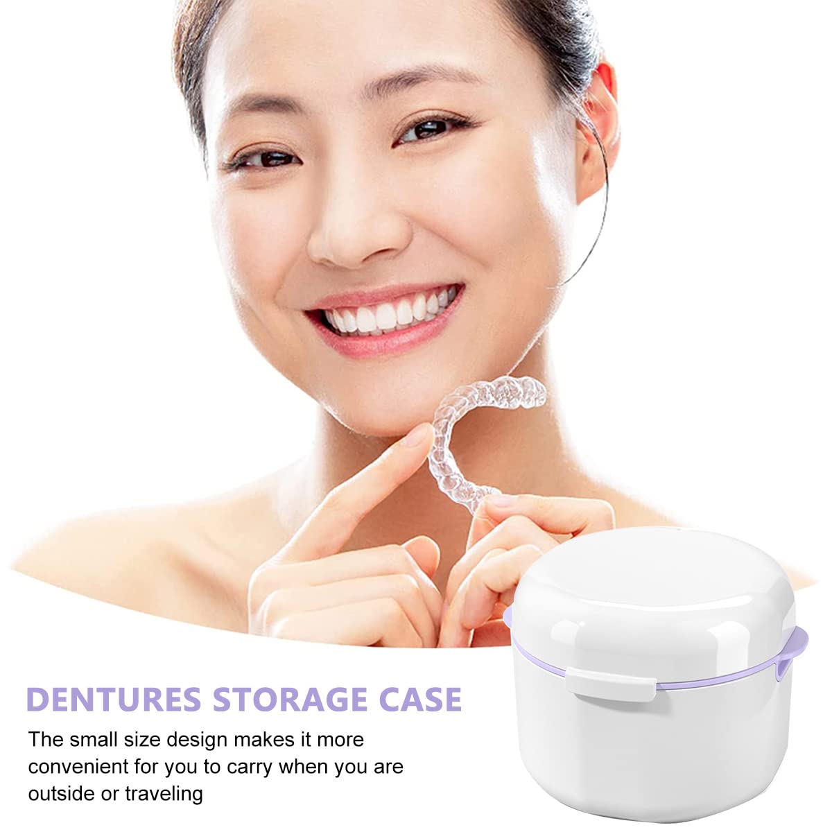 HANNEA Denture Bath Case, Retainer Holder with Strainer Basket, False Teeth Storage Cup Mouth Guard Storage Soak Container for Travel Cleaning, White