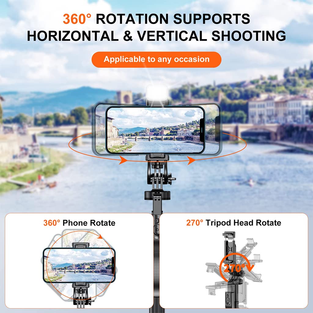 ZORBES 60'' Retractable Phone Tripod Rotatable Selfie Stick Tripod for Phone & DSLR Professional Photography Tripod with Fill Light, Lightweight Selfie Stick Tripod with Bluetooth Remote