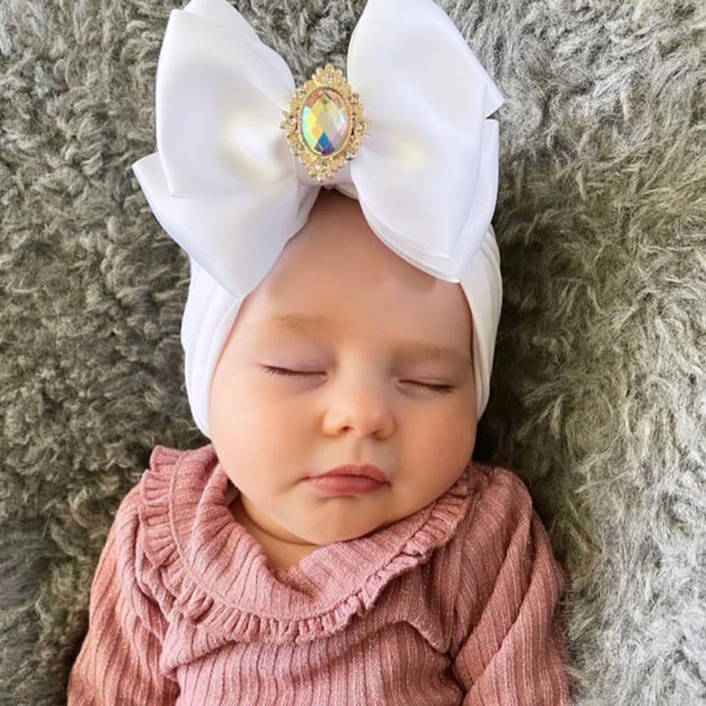 PALAY 3pcs Turban Caps for Baby Girl Boy Cute Infant Bow Caps for Baby Girl Stretchy Crystal Satin Bow Hat for Baby Girls Shower Gift Baby Caps for Born 0-12 Months