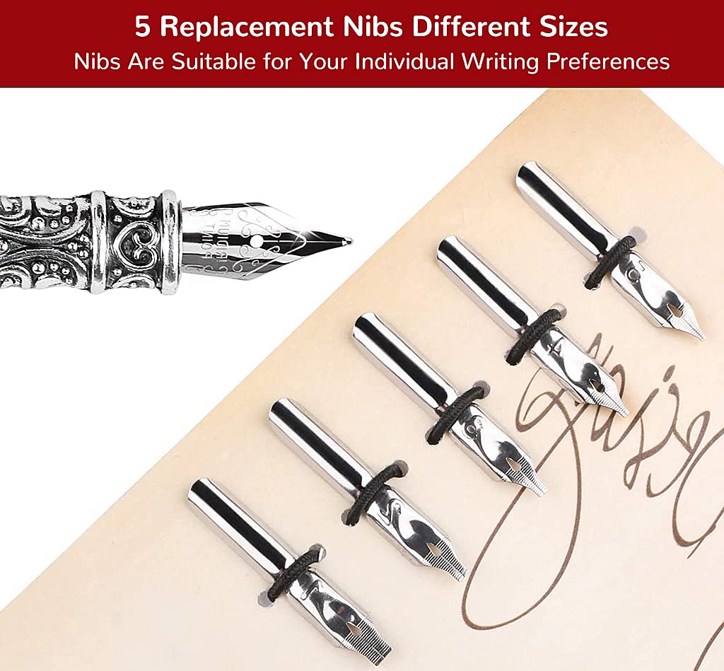 Climberty Antique Feather Calligraphy Pen Set -Writing Quill Ink Dip Pen with 5 Extra metal Nibs (Red)