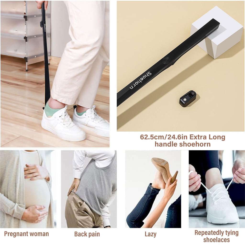 PALAY Shoe Horn for Men Women 24.6in Extra Long Handle Shoehorn with Strong Magnetic Wall Hook, Black Automatic Adsorption ABS Shoehorn for Elderly, Mother-to-be