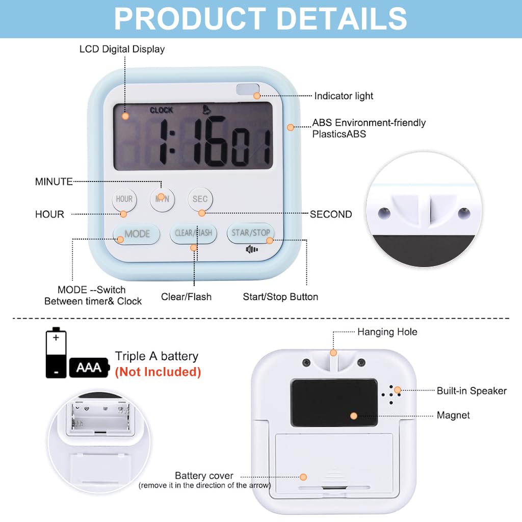 ZIBUYU LCD Digital Timer Magnetic Alarm Clock with Light 24hs Countdown Timer Time Reminder Baking Timer with Magnetic Folding Bracket Battery Powered Timer for Kitchen, Study, Cooking, 5.4x7cm