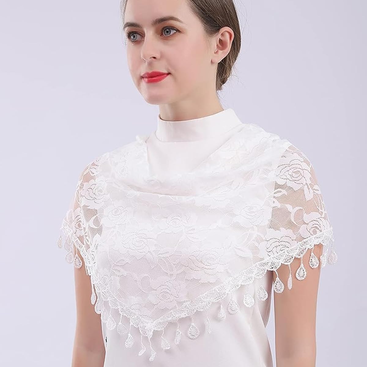 PALAY Mass Veil for Women, Triangle Chapel Mantilla Lace Veil Shawl, Embroidery Rose Tassle Head Scarf Covering, Ladies Church Cathedral Headwear - White