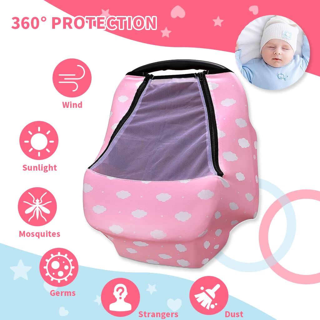SNOWIE SOFT Baby Car Seat Covers with Breathable Mesh Window, Baby Cart Sunshade Multifunction Baby Stroller Cover Breastfeeding Cover Shawl Nursing Cover Stretchy Stroller Canopy Suitable All Season
