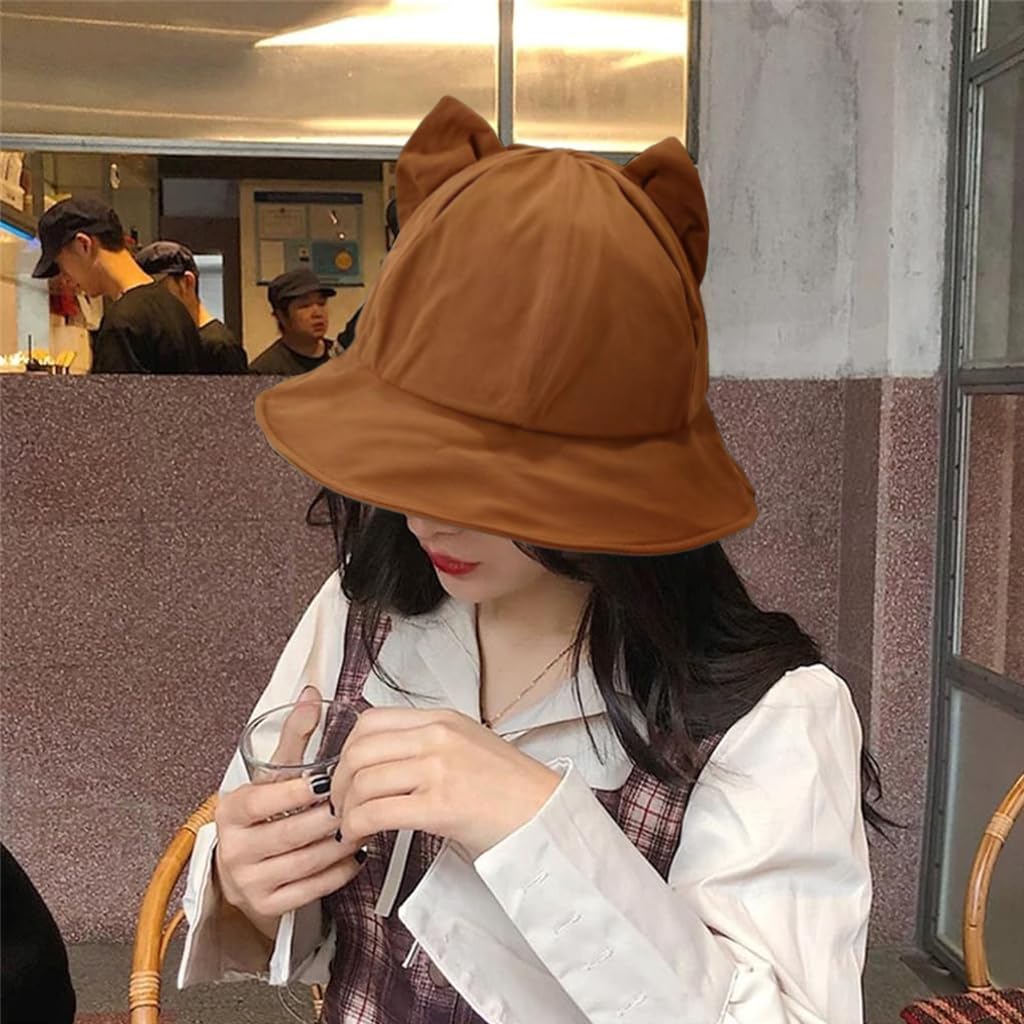 PALAY Bucket Hat for Women and Girls Cute Cat Ear Cap for Women Summer Breathable Wide Brim Sun Hats for Women Brown Beach Hat Adjustable Fisherman Bucket Hat for Travel, Camping, Daily Activities