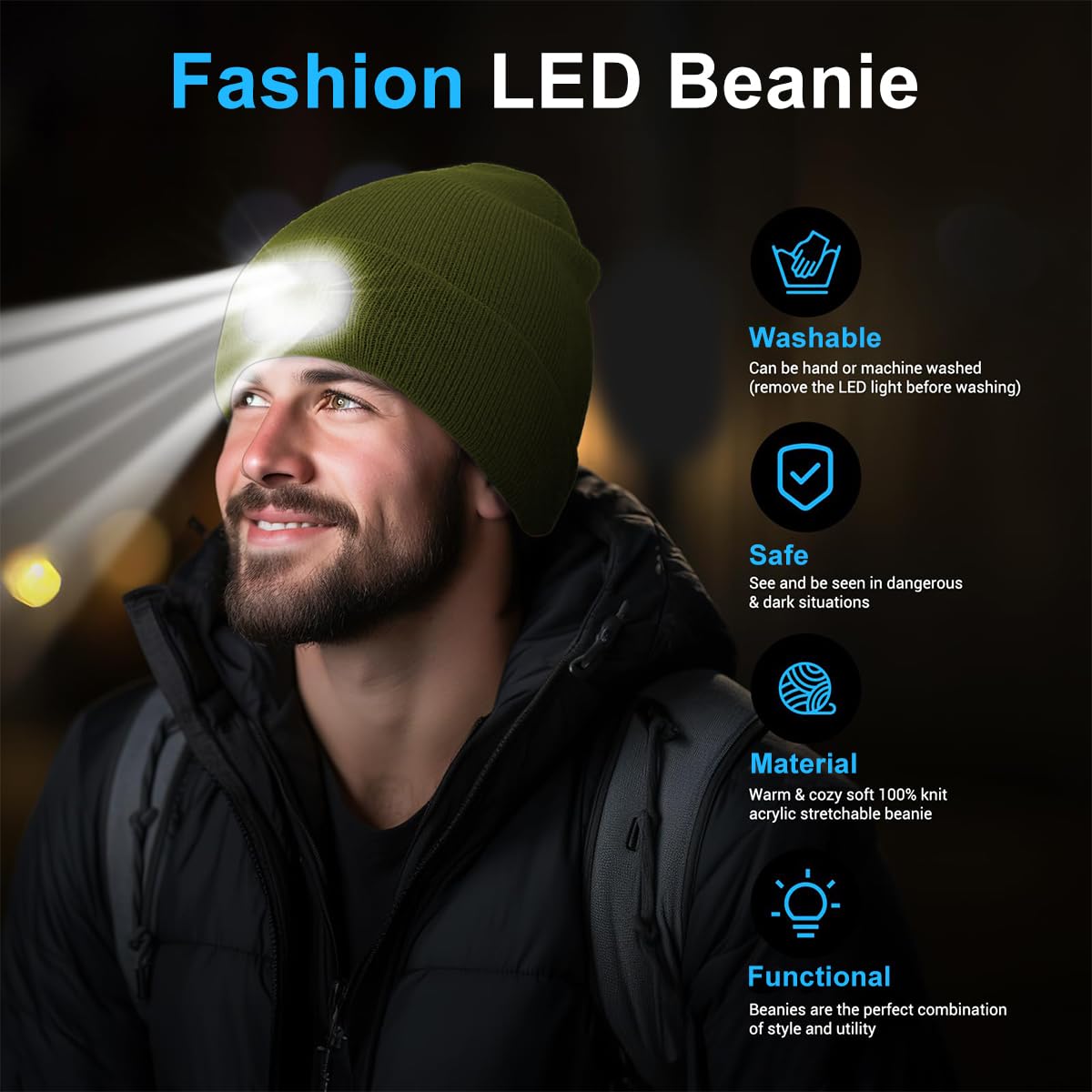 GUSTAVE Winter Cap for Men Women Illuminated Beanie Cap with Forehead Lamp USB Rechargeable Winter Soft Fleece Knitted Cap for Riding, Night Running, Green
