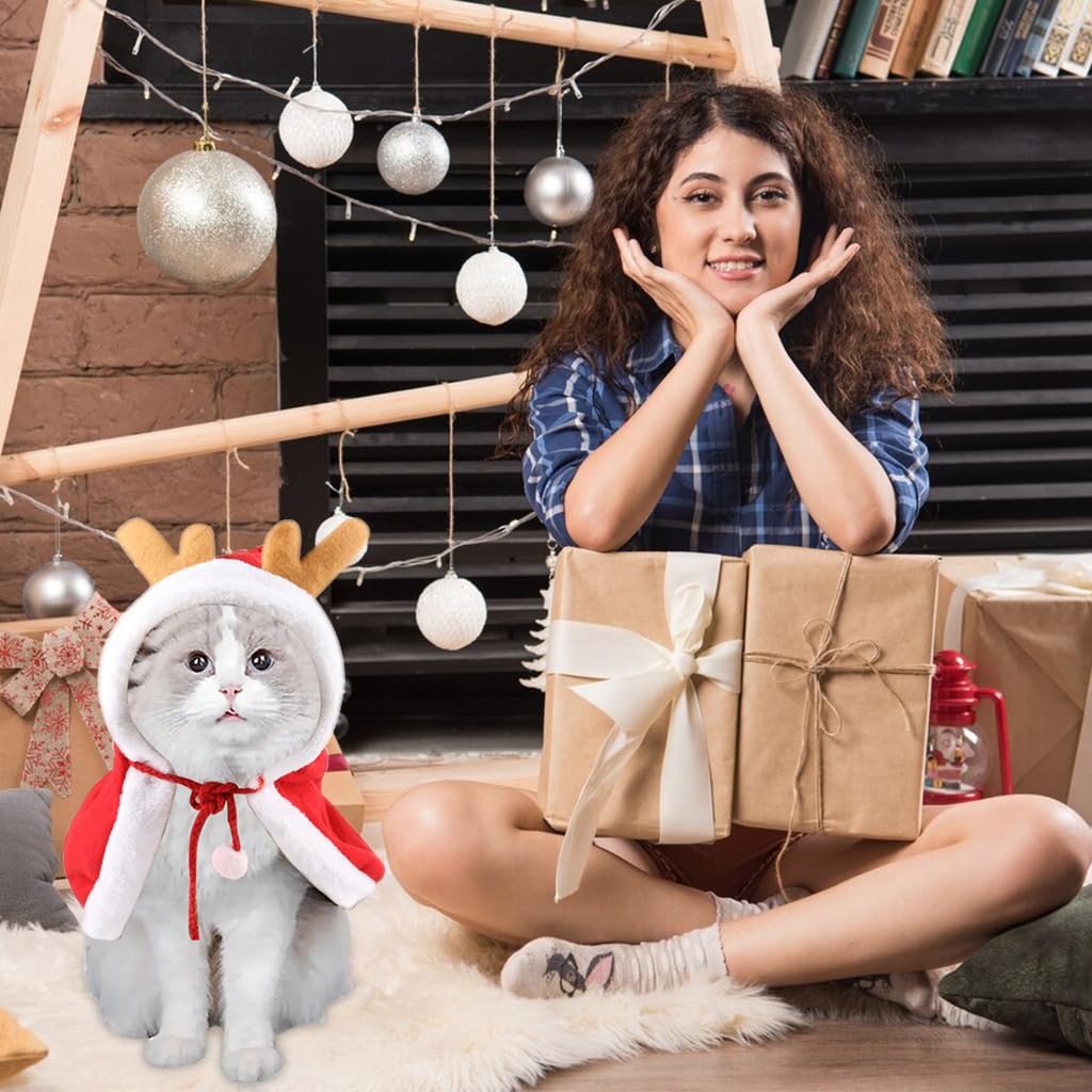 Qpets Chrismat Cat Clothes, Dress Up Clothes Chrismat Red Elk Cloak for Cat Warm Plush Cloak Adjustable Drawstring Hat Christmas Party Clothes for Cat, L