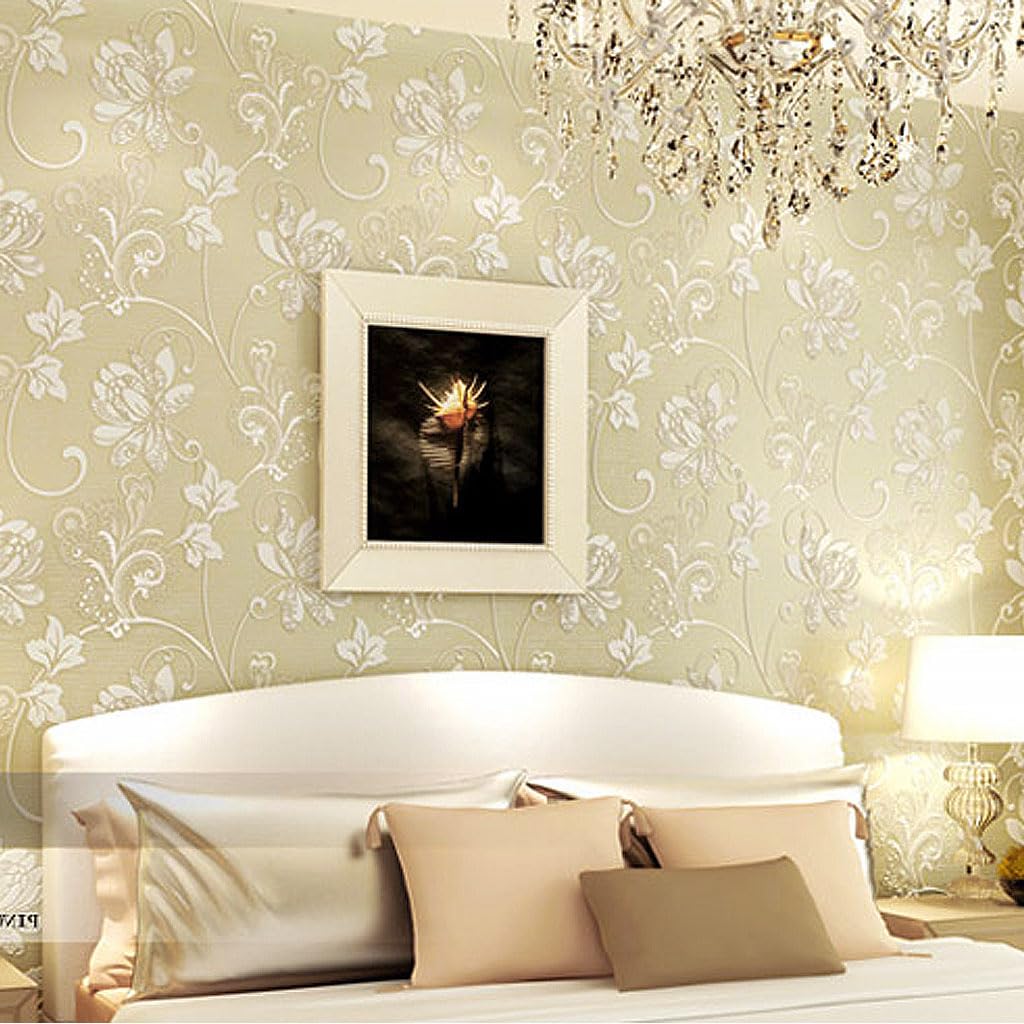 HASTHIP 3D Embossed Damask Wall Paper, 1.73ft x 31ft Wallpaper Peel and Stick Modern European Style Non-Pasted Contact Paper Removable Non-Woven for Bedroom Living Room Wall Covering