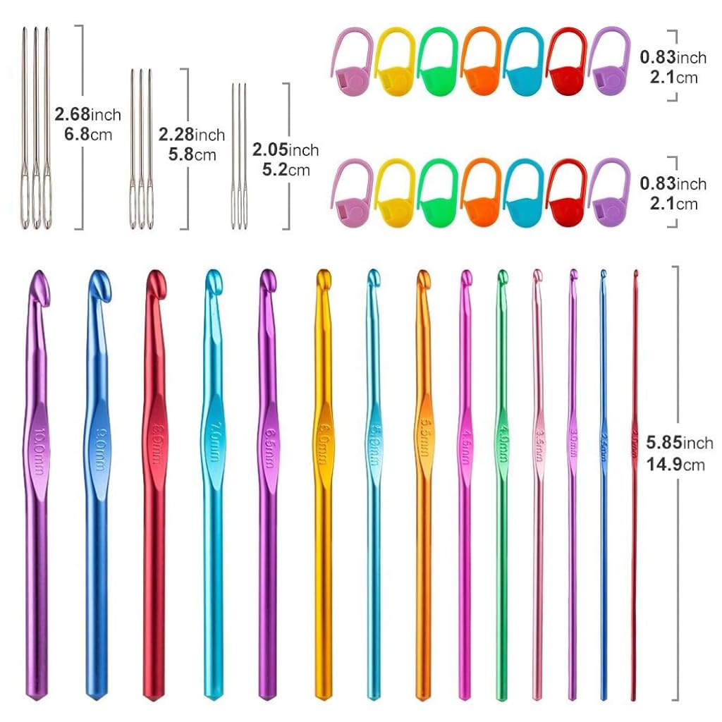 HASTHIP 37PCS Crochet Hooks Set, Ergonomic Handle Crochet with Stitch Markers and Large-Eye Blunt Needles, Multicolor Aluminum Crochet Hooks Knitting Needles for Arthritic Hands