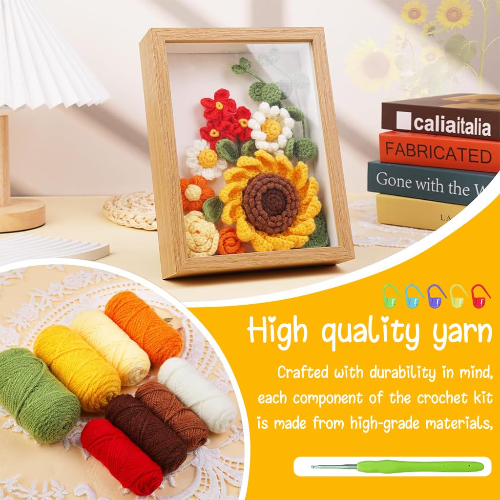 PATPAT DIY Crochet Kit Sunflower Oil Paint Crochet Material Kit with Photo Frame, Tools & Tutorials Starter Friendly DIY Crochet Gift Mother's Day Gift DIY Crochet Sunflower Photo Frame Material Kit