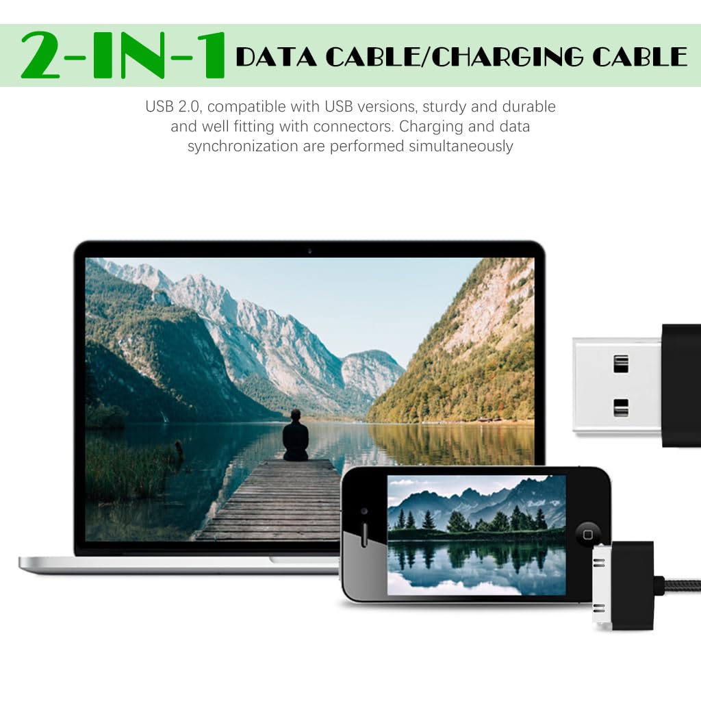 Verilux 30-Pin Charger Cable 6.6ft Long 30-Pin to USB Charger Cable Nylon Braided Charging Cable for i Phone 4/i Phone 4S iPod Classic 4/5/6th Gen, iPod Nano, iPad 2/3 Gen