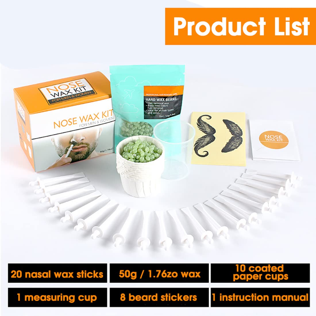 HANNEA Nose Wax Kit, Nose Hair Removal Waxing Kit for Men Women Eyebrows Ears Lips Facial Nose Hair Remover Wax, 50g Wax, 20 Applicators, 8 Moustache Stencils Stickers