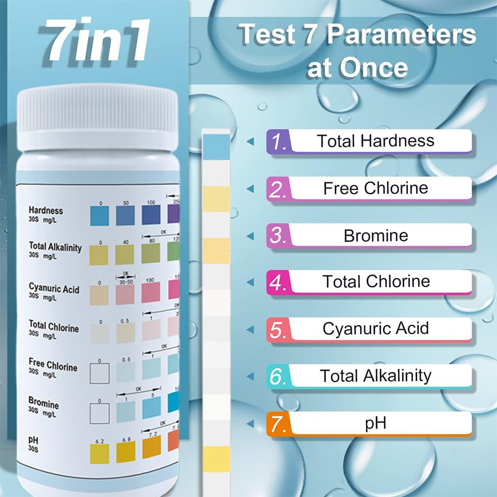 Qpets 50pcs 7 in 1 PH Pool Test Strips PH Paper 7-Way Pool and Spa Test Strips Quick Accurate Test Hardness, Total Alkalinity, Cyanuric Acid, Total Chlorine, Free Chlorine, Bromine, PH