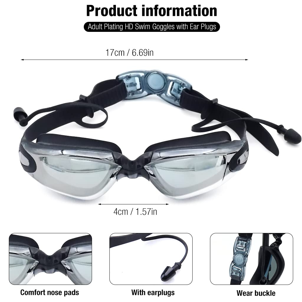 Proberos Unisex-Adult Plating HD Swim Goggles with Ear Plugs Professional Swimming UV Protection Goggles Anti Fog Adjustable Swim Goggles with Storage Case Nose Clip and Earplugs