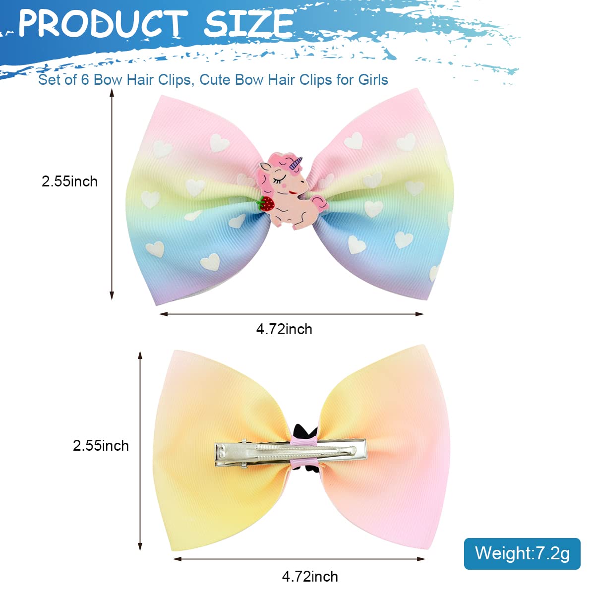 MAYCREATE 6 Pcs Hair Bows for Kids Girls Rainbow Alligator Bow Hair Clips Stylish Cartoon Unicorn Mermaid Grosgrain Hair Accessories for Girls