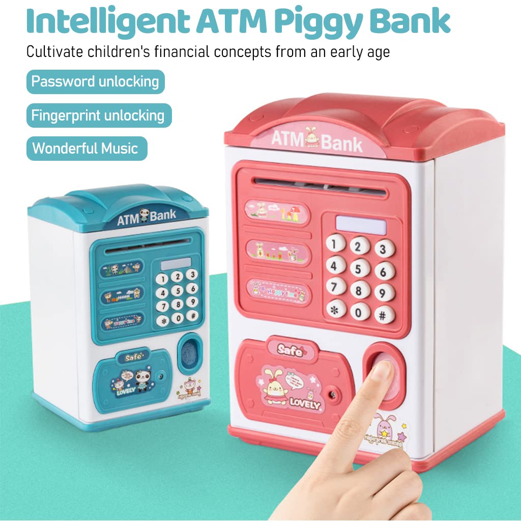 PATPAT Electronic ATM Piggy Bank for Kids, Money Bank with Password and Fingerprint Lock, Automatic Paper Money Saving Box with Music, Gift Toy for Kids Boys Girls Children's Day Gift, Blue