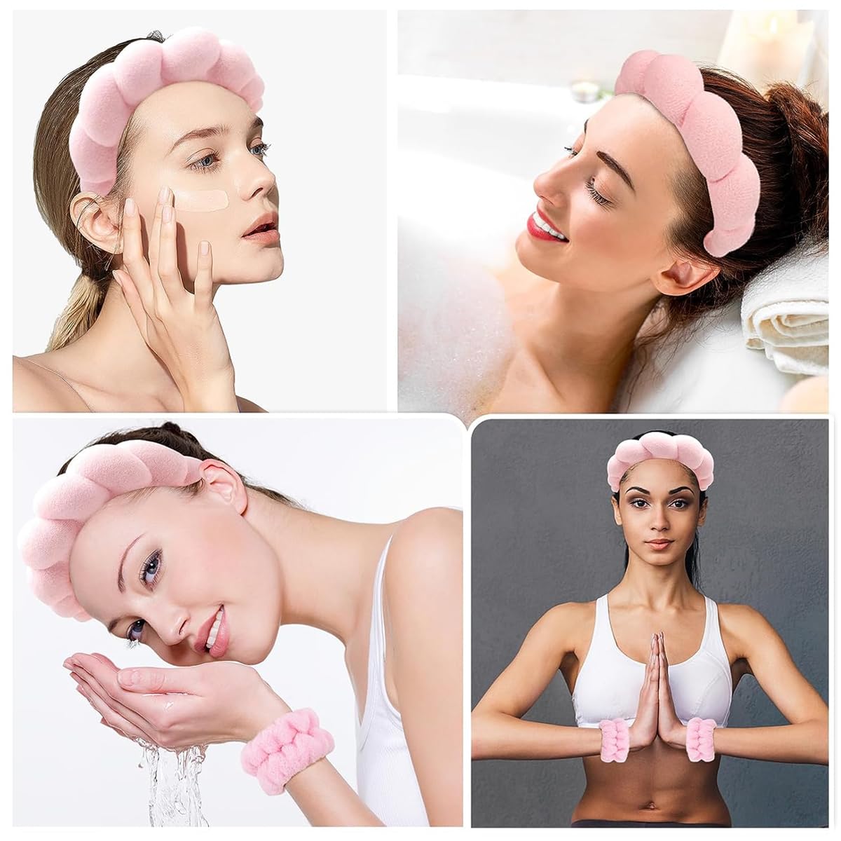 MAYCREATE Spa Headband Wristband for Women Girls Face Washing, Facial Skincare Headband Sunflower Sponge Makeup Hairband Wrist Washband Combo Set - Pink