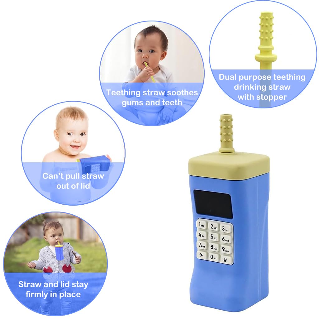 SNOWIE SOFT Silicone Baby Straw Cup Sippy Cup, Creative Cell Phone Baby Teether Silicone Sippy Cup for Baby Food-Grade BPA-Free Baby Sipper Bottle with Teether Straw, Baby Shower Gift, 150ml Blue