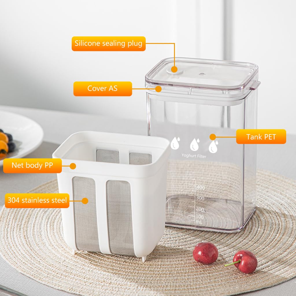 HASTHIP 1100ML Yogurt Strainer,Yogurt Filter Milk Strainer with Fine Mesh Bag,Lid And Scale Mark, for Making Thick Greek Yogurt,Soybean Milk,Kefir,Berries,Soup,Fruit Juice,Coffee