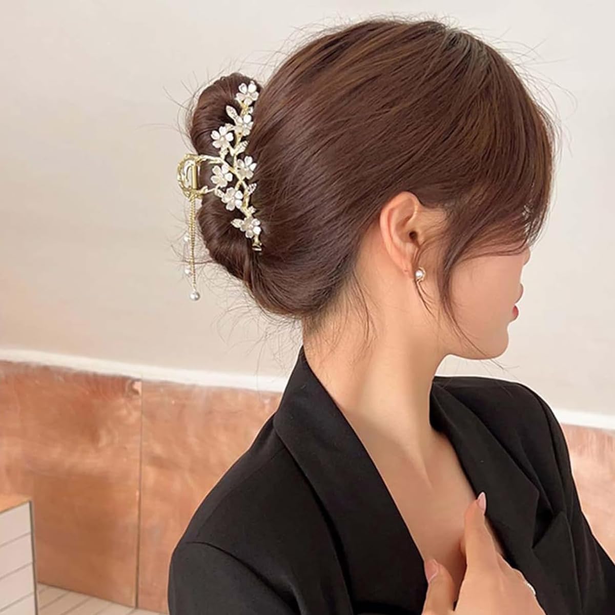 PALAY Big Hair Claw Clips for Women Jasmine Flower Claw Clip for Hair Stylish Tassel Rhinestone Updo Hair Clip French Large Metal Strong Hold Hair Jaw Clips