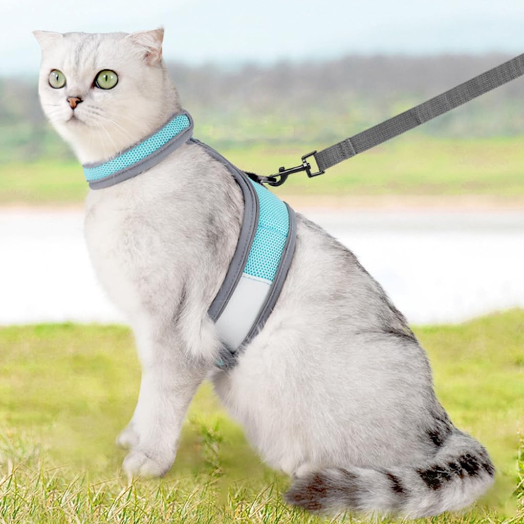 Qpets Cat Vest Harness & Nylon Webbing Leash Set Outdoor Anti-Escape Pet Harness Walking Harness Safety Reflective Strip Cat Harness Breathable All Season Use Cat Vest Harness, Size S