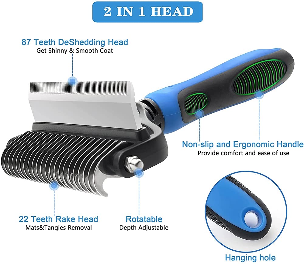 Qpets Dog Brush Dogs Comb 2 in 1 Deshedding Tool& Dematting Undercoat Rake for Mats& Tangles Removing, Dog Grooming Kit, Pet Brush,Great for Short to Long Hair Small Large Breeds