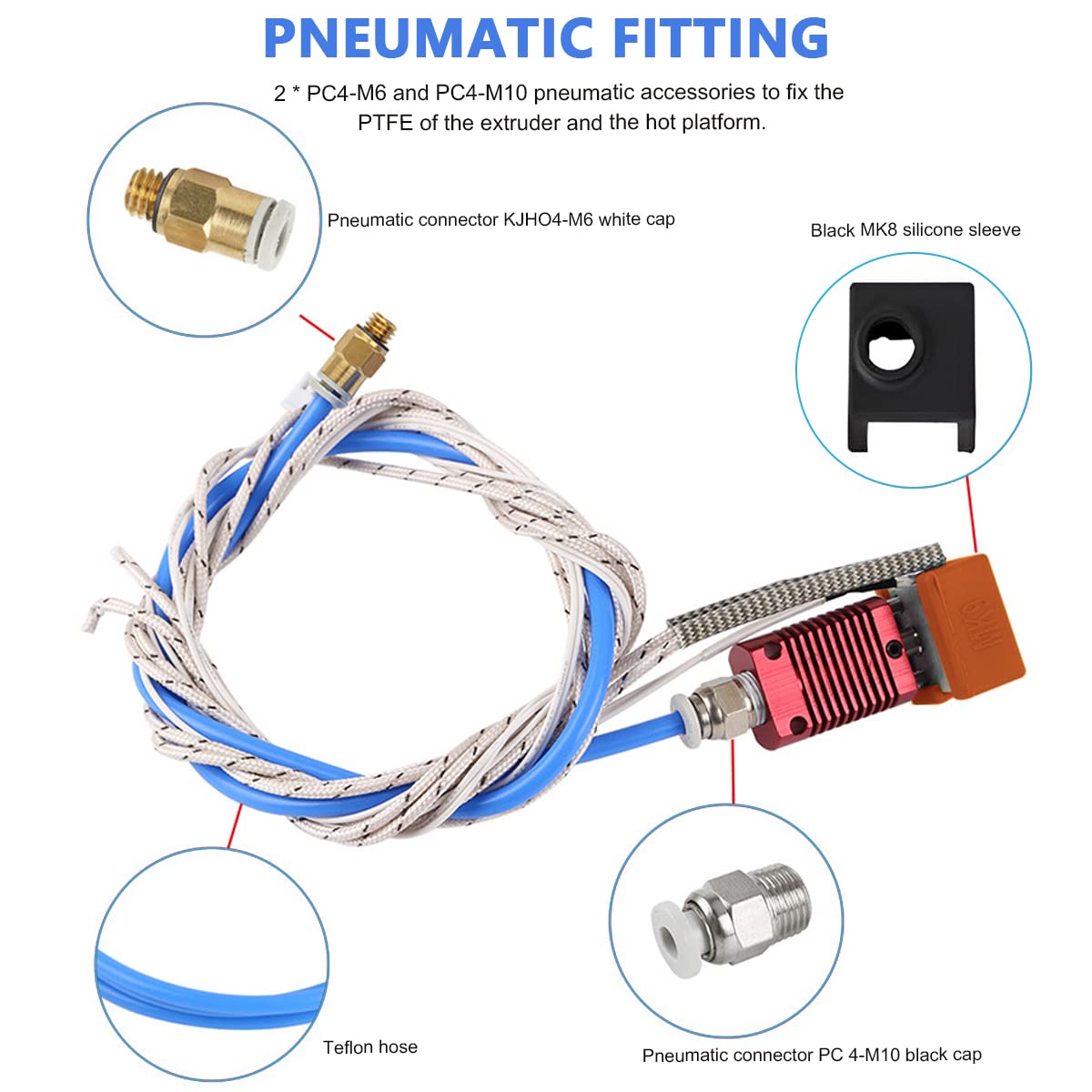 HASTHIP Upgrade 3D Printer Kit with Capricorn Premium XS Bowden Tubing 1M, PTFE Teflon Tube Cutter, Pneumatic Fittings and MK8 Socks and Extra Nozzles for Ender 3/3 Pro/ 5/ Vyper/Voxelab Aquila