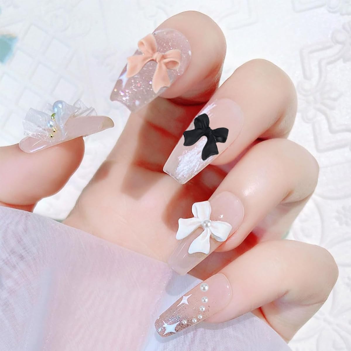 MAYCREATE Bow-Knot Nail Stud Rhinestones Crystal, Bow Nail Charms and Flatback Pearls, Bowknot 3D Cute Nail Charms for Acrylic Nail Design for Nail Jewelry DIY Crafts Nail Art Decoration, Pink